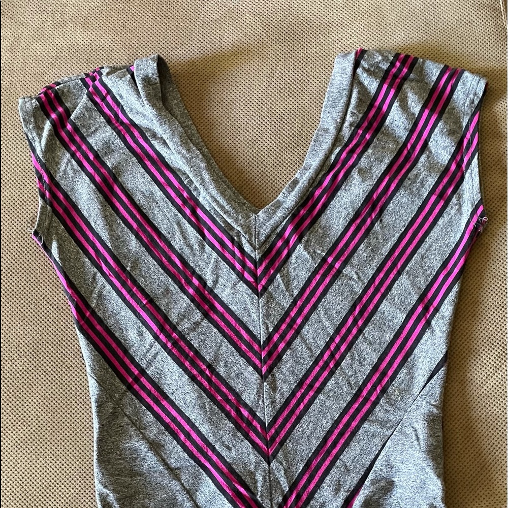 Gray and Hot Pink Striped V-Neck Women's Top